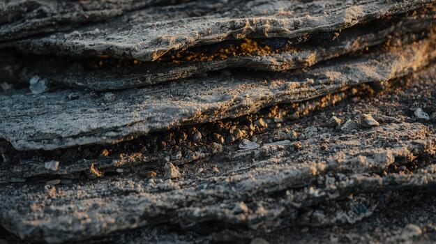 Close-up of layered rock formations reveal intricate textures and earthy tones under the soft glow of sunlight creating abstract natural beauty. photo