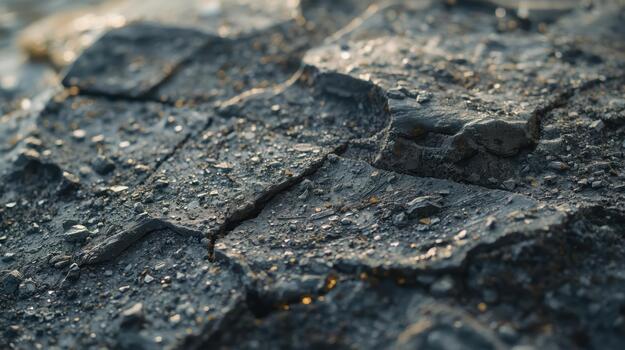 Macro shot of weathered stone surface with cracks and tiny pebbles embedded within textured grey material captu natural geological formation. photo