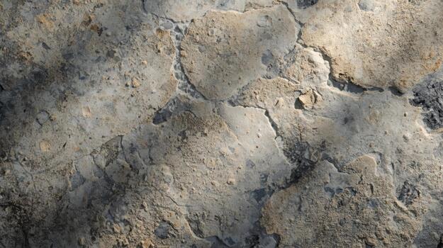 Close up of an aged and cracked concrete surface reveals a textured pattern with dark shadows, perfect for backgrounds and textures. photo