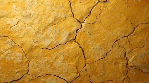 Close up shot reveals a heavily cracked and textured stucco surface painted in warm tones of yellow and gold creating an abstract effect. photo