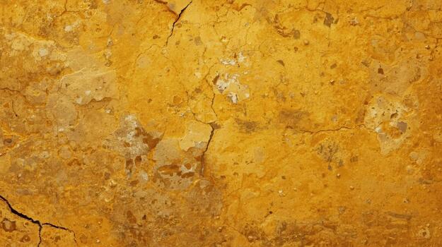 Textured yellow surface shows cracks and imperfections with stains on the old plaster wall, creating a rough and aged backdrop appearance. photo