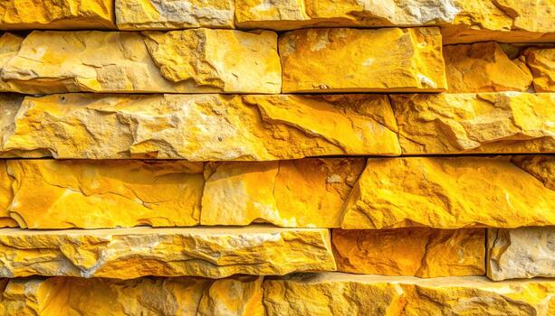 Textured yellow sandstone bricks are stacked horizontally in this close up architectural shot ideal for backgrounds and design templates. photo