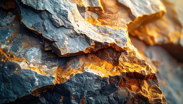 A close-up shot reveals the rough texture and earthy colors of layered rock formations with golden highlights on the rugged stone surface. photo