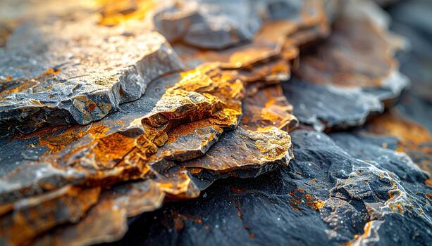 Close up shot reveals stunning details of jagged stone layers with natural textures and unique patterns highlighted by golden sunlight glow. photo