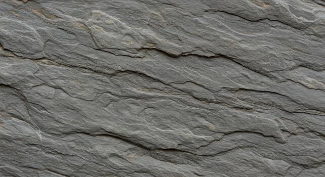 Close up showcases the detailed texture and natural patterns of gray slate stone creating an organic and rugged abstract surface. photo