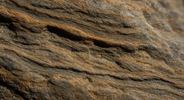 A close up view reveals the intricate patterns and textures of a layered rock formation with brown and gray bands curving across the surface. photo