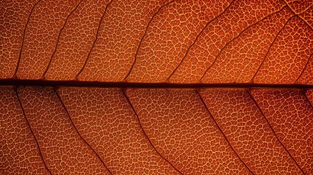 Close up photograph reveals the intricate details and veins of a translucent brown leaf showcasing its delicate natural textures and patterns. photo