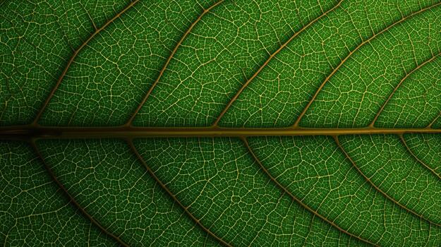 A detailed close up view showcasing the intricate vein pattern and texture of a vibrant green leaf against a dark natural background. photo