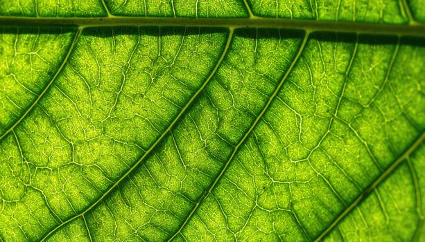Detailed close up of a vibrant green leaf shows intricate venation patterns illuminated by sunlight creating a beautiful natural texture. photo