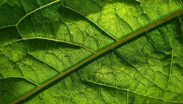 A close up view captures the intricate details and vibrant green texture of a leaf, showcasing its delicate veins and organic structure. photo