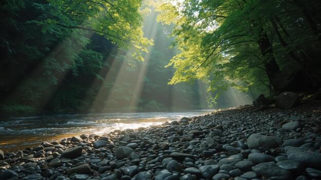 Sunlight streams through lush green forest canopy illuminating rocky riverbank creating scenic landscape with peaceful and tranquil atmosphere. photo