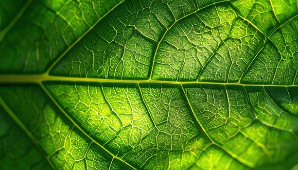 The vibrant green leaf veins are illuminated by the sun creating a stunning display of nature's intricate beauty and design work so close up. photo