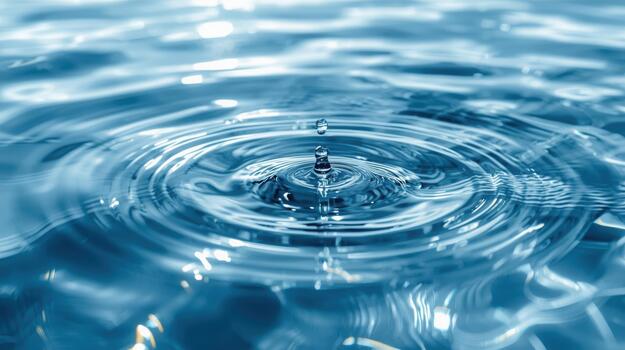 A single water droplet creates concentric ripples expanding across a surface of clear blue water in an abstract macro liquid motion scene. photo