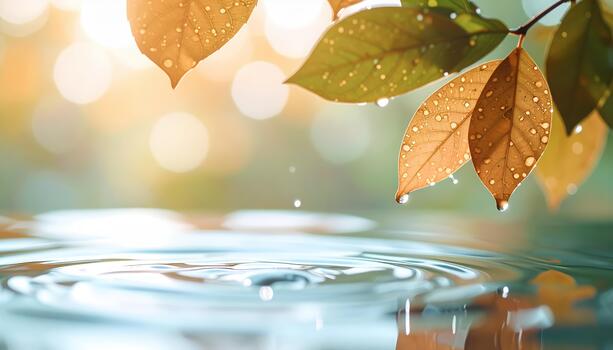 After the rain, water droplets cling to leaves and gently fall into a still pond creating ripples and reflections in natural sunlight. photo