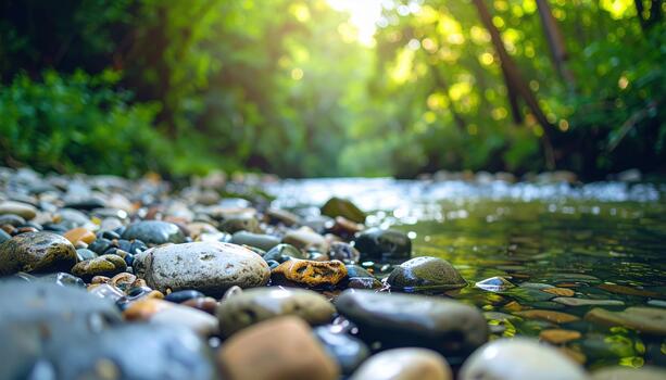 Shallow river flows over smooth stones in a vibrant green forest with sunlight filte through the lush tree canopy above a peaceful scene. photo