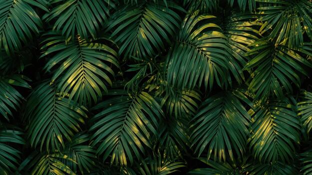 Lush green palm fronds create a dense tropical foliage background with sunlight dappling the leaves in a natural botanical pattern. photo