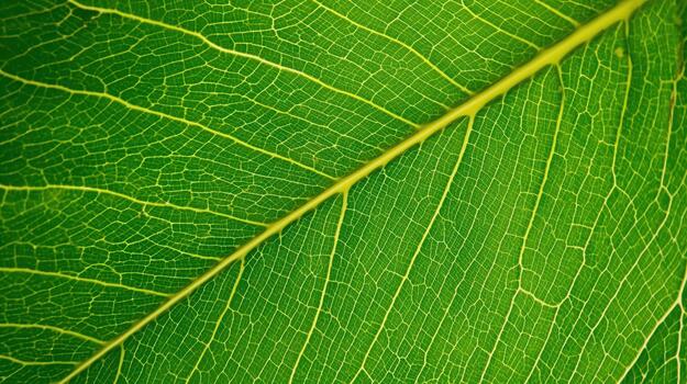 Close up view of a vibrant green leaf showcasing intricate vein patterns and textures creating a beautiful natural organic design element. photo