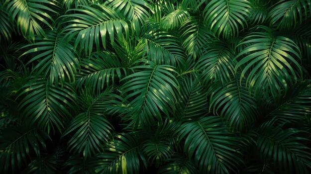 A dense cluster of vibrant green palm fronds creates a lush tropical scene, showcasing nature's intricate patterns and textures in detail. photo