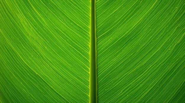 A vivid close up showcases the intricate details of a vibrant green leaf and its prominent central vein illuminated by soft light texture. photo