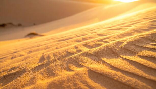 Golden sunlight bathes the vast sand dunes, creating mesmerizing patterns and shadows across the arid desert landscape at sunset time in nature. photo