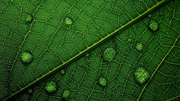 Up close, water droplets sit on a vibrant green leaf, highlighting its intricate vein structure with detailed patterns in nature. photo