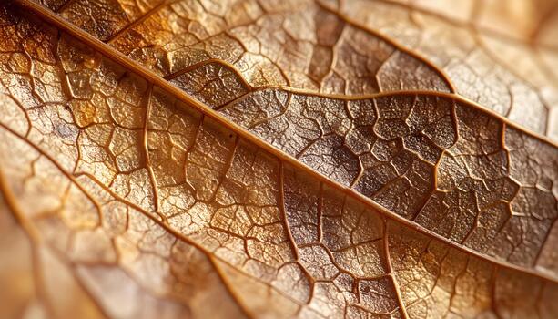 A golden autumn leaf displays intricate veins and textured surface details under soft lighting captu the beauty of nature's organic patterns. photo