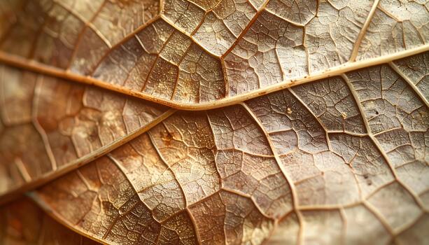 Close up image shows the intricate detailed texture of a dry autumn leaf with prominent veins and geometric patterns creating nature background. photo