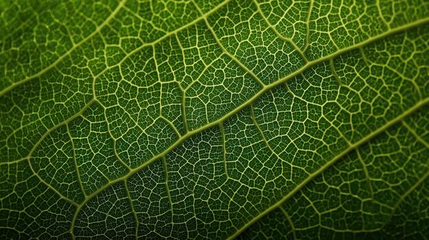 An intricate close up reveals the vibrant green leaf texture with detailed vein patterns creating a natural abstract design of plant anatomy. photo