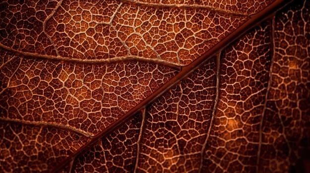 An abstract close-up of a dry brown leaf reveals intricate patterns of veins and organic texture creating a captivating natural macro background. photo