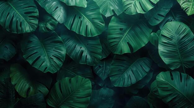 Overhead view of a dense collection of dark green monstera leaves creating a natural and vibrant tropical foliage background in nature setting. photo