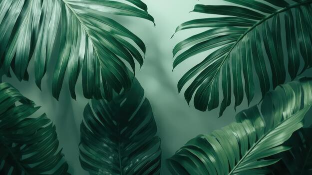 Lush green monstera leaves create a tranquil and inviting backdrop against a soft, muted wall evoking a sense of natural serenity. photo