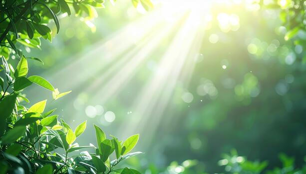 el Dom brilla brillantemente mediante el verde hojas de un bosque pabellón creando un radiante y etéreo ligero efecto en el bosque área. foto