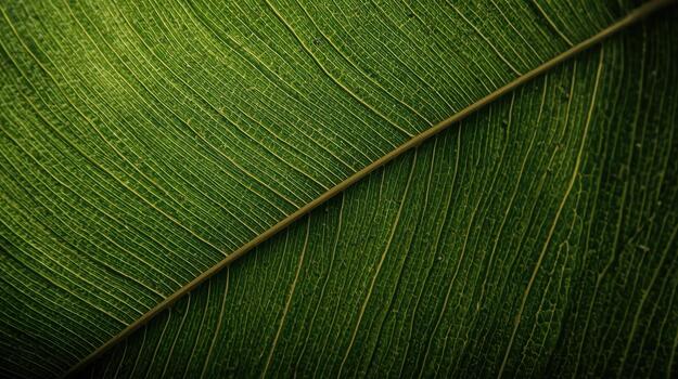 The mesmerizing macro image reveals the intricate details of a vibrant green leaf, highlighting its delicate veins and textures under soft light. photo