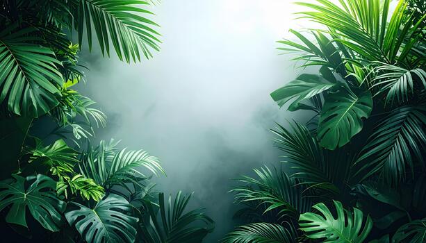 Lush green tropical foliage creates a dense jungle frame, with soft mist filte through the leaves and creating a natural background. photo