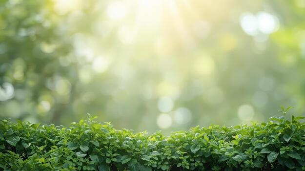 Sunlight shines through the leaves creating a beautiful bokeh background with a green hedge in the foreground for a natural aesthetic look. photo