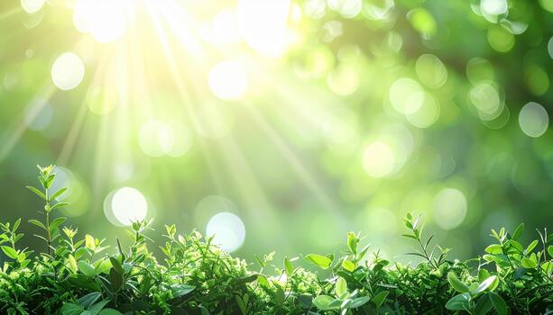 The vibrant green foliage and bokeh create an ethereal and peaceful natural scene with sunlight shining through the trees and bushes. photo