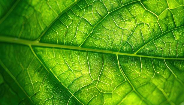 An extreme macro shot reveals the intricate details of a vibrant green leaf with its veins and textures illuminated by sunlight. photo