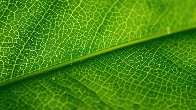 A detailed close-up captures the intricate network of veins within a vibrant green leaf illuminated by soft light, showcasing nature's artistry. photo