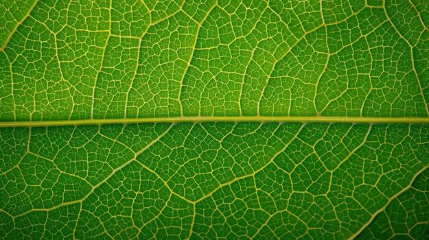 A vibrant green leaf shows intricate details of vein structure creating abstract nature pattern with beautiful organic textures and shapes. photo