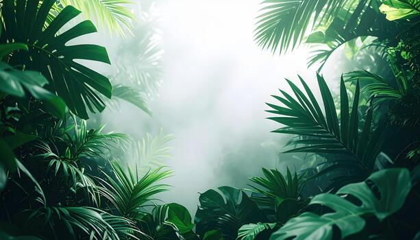Lush green tropical foliage frames a bright misty clea creating a beautiful natural background perfect for adding text or graphics. photo