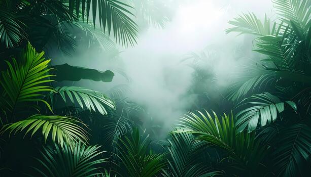 Lush green palm fronds fill the frame creating a dense jungle canopy with mist and soft diffused light in a tropical landscape setting. photo