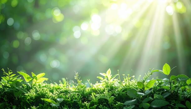 Sunlight streams through lush green foliage, illuminating tiny plants creating a vibrant, tranquil scene in nature's embrace so beautifully. photo