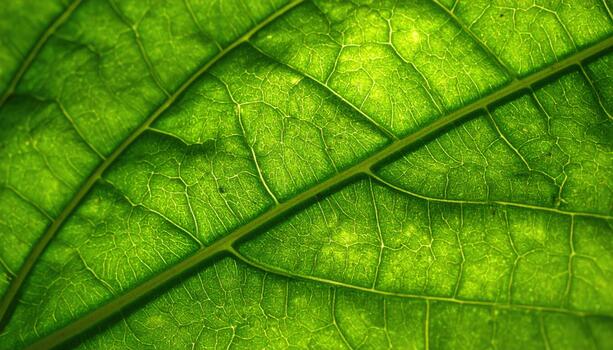 An extreme close up reveals the intricate details and vibrant green hues within the delicate structure of a single translucent leaf. photo