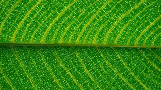 A captivating close up view of a vibrant green leaf showcasing its intricate venation pattern and cellular structure in stunning detail and clarity. photo
