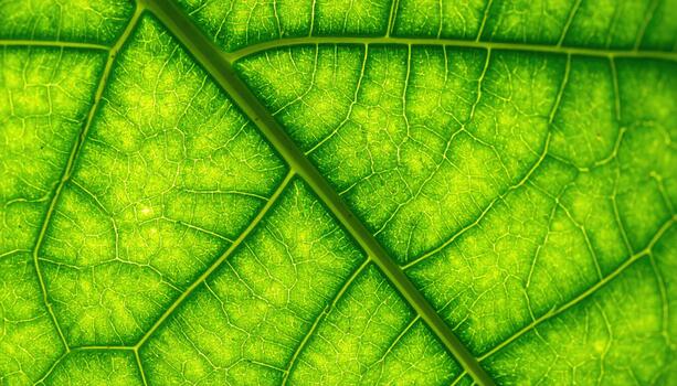 A vibrant green leaf displays its intricate vein patterns and delicate cellular structure when viewed up close under a bright light source. photo