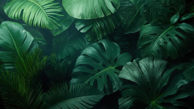 Lush green tropical foliage with monstera and palm leaves creates a dark and moody jungle botanical pattern for a nature background. photo