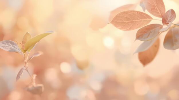 Soft focus image of delicate leaves with an ethereal glow, showcasing a dreamy and serene natural background in pastel peach tones perfectly. photo