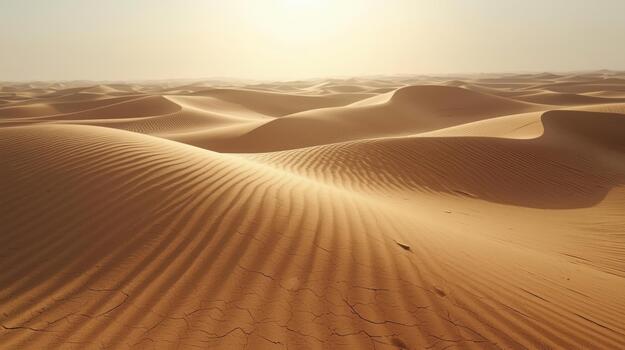 Golden light illuminates rolling sand dunes with textured patterns across the vast desert landscape under a hazy sky at sunset. photo