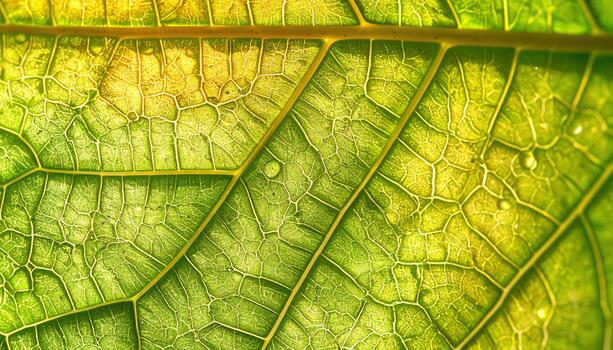 A close up photograph shows the intricate venation pattern and changing colors in an autumn leaf illuminated by the bright sunlight. photo