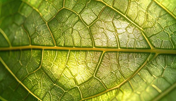 Close up captures the intricate vein patterns within a vibrant green leaf illuminated by soft sunlight, creating a natural and textured image. photo